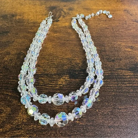 Aurora Borealis Crystal Choker Necklace Layered Beaded Iridescent AB Vintage - Picture 10 of 11